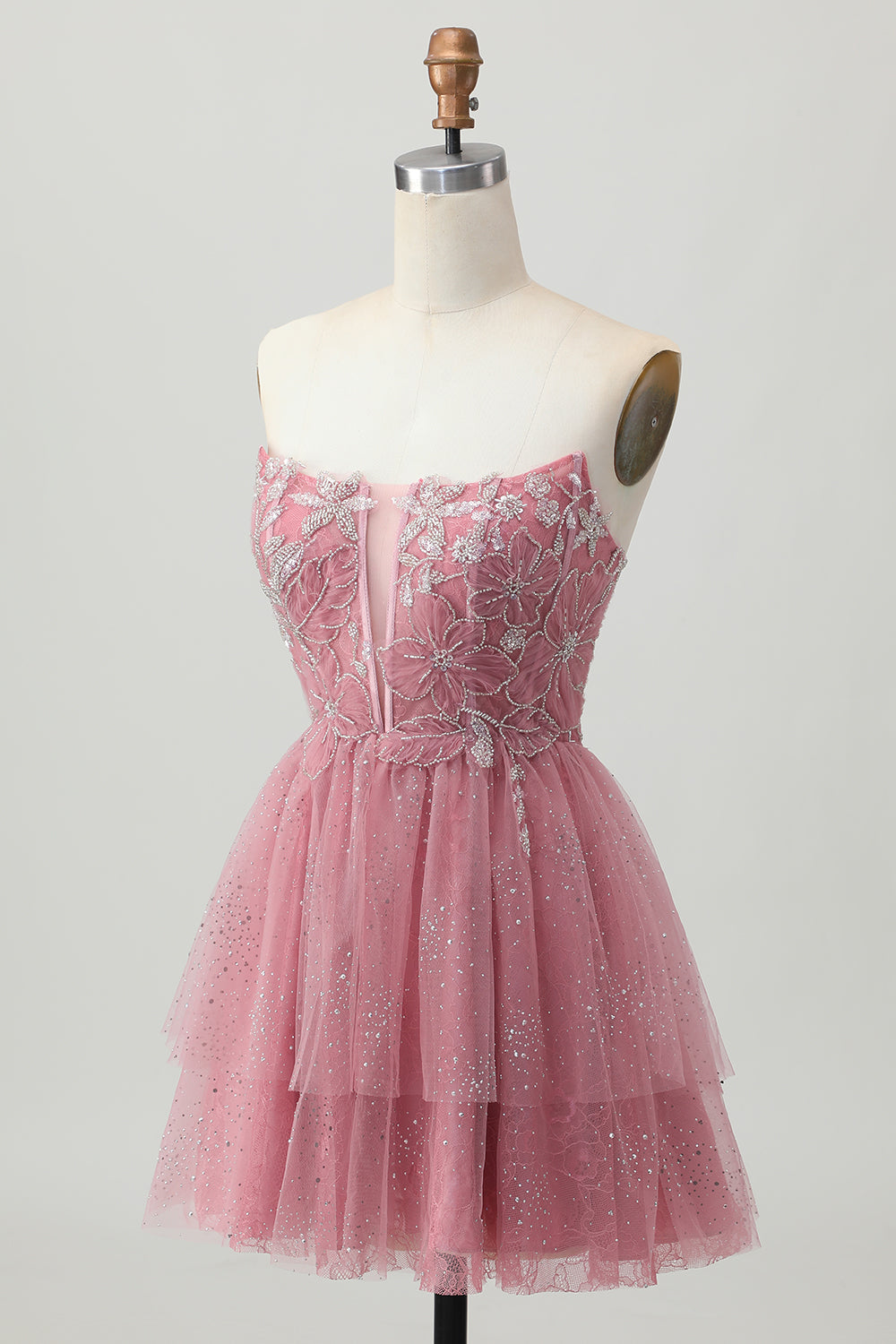 Glitter Dusty Rose Tulle Ruffled Short Tiered Corset Homecoming Dress
