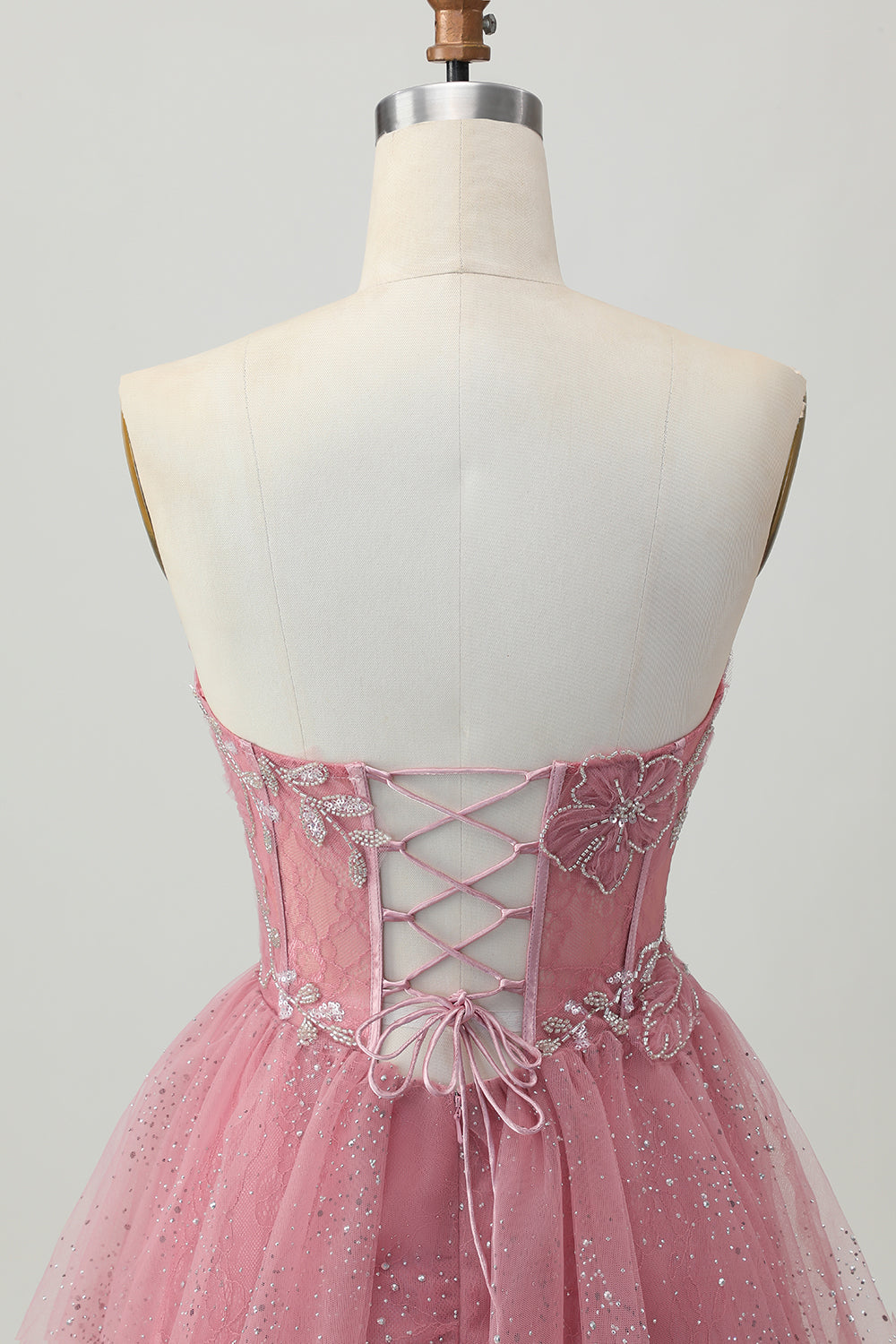 Glitter Dusty Rose Tulle Ruffled Short Tiered Corset Homecoming Dress