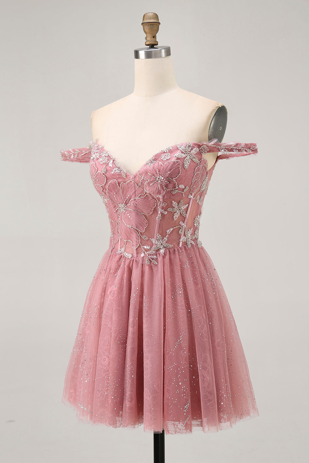 Sparkly Dusty Rose Floral Lace Short Corset Homecoming Dress