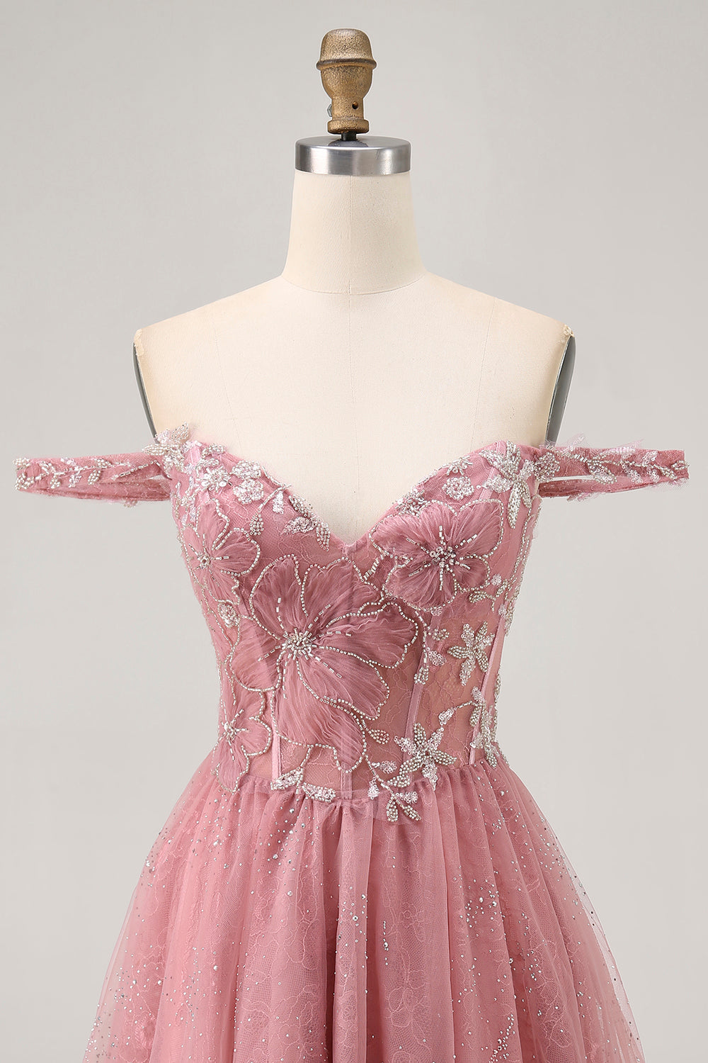 Sparkly Dusty Rose Floral Lace Short Corset Homecoming Dress