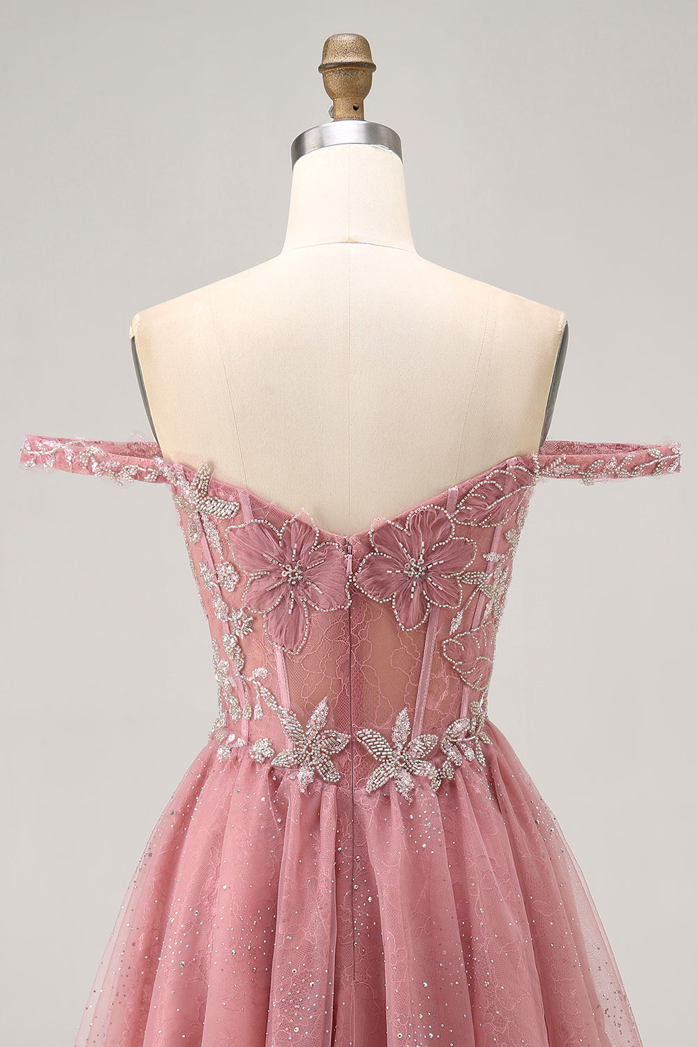Sparkly Dusty Rose Floral Lace Short Corset Homecoming Dress