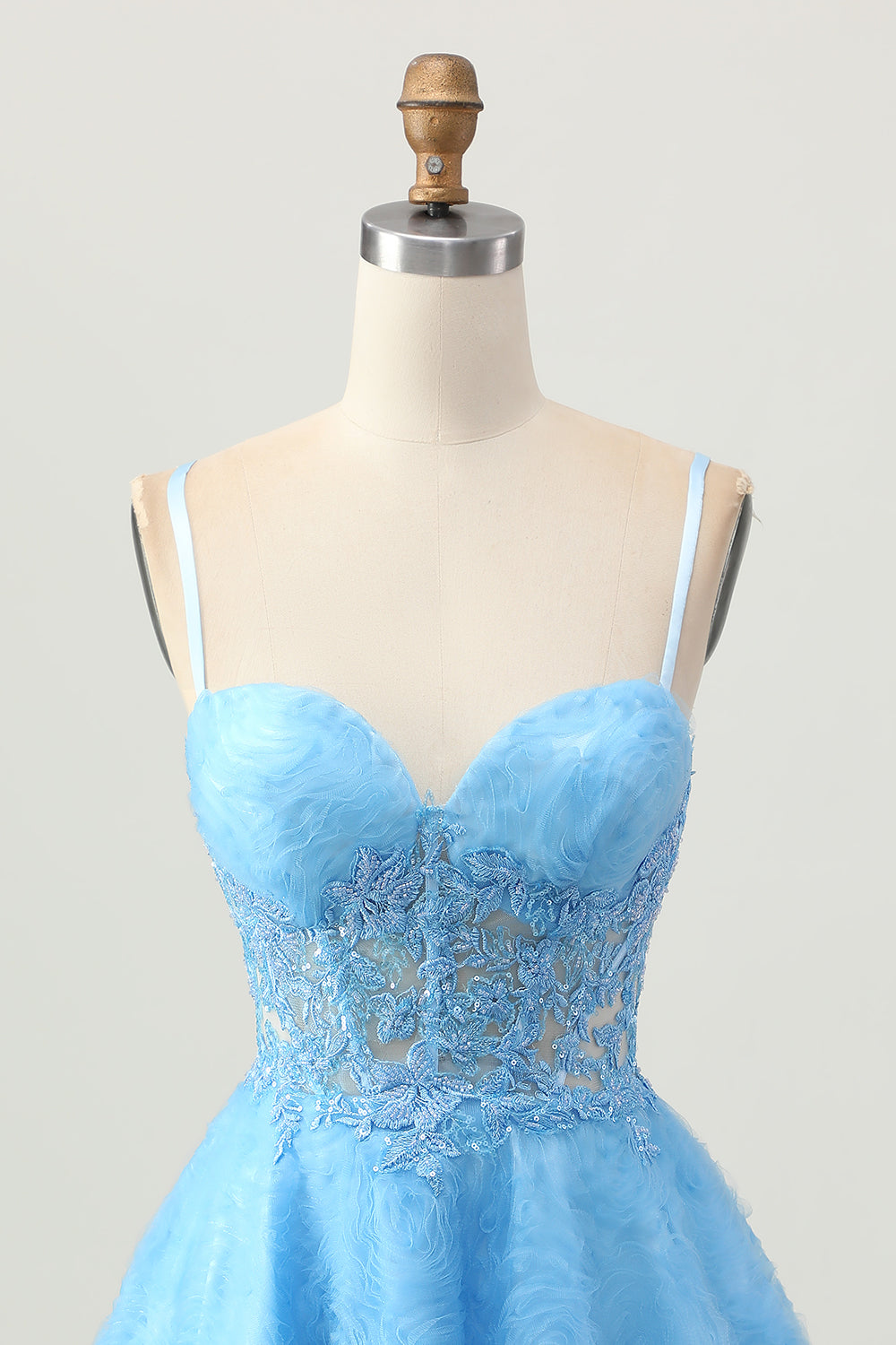 Blue Spaghetti Straps Floral Corset Short Homecoming Dress with Lace