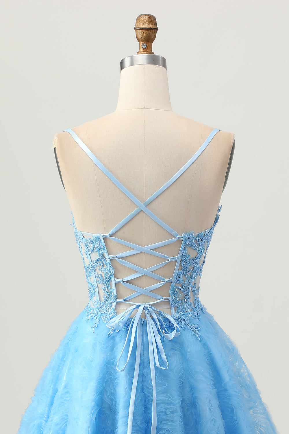 Blue Spaghetti Straps Floral Corset Short Homecoming Dress with Lace