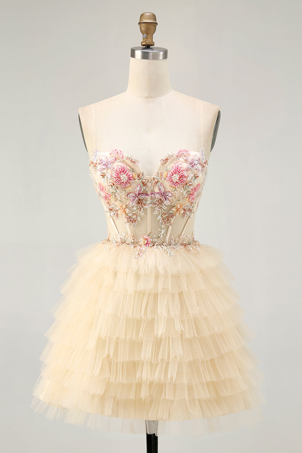 Apricot Floral Corset Short Tiered Homecoming Dress with Ruffles