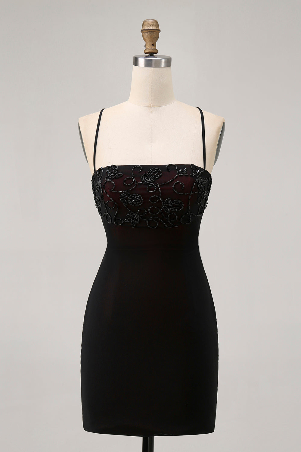 Black Bodycon Spaghetti Straps Short Homecoming Dress with Beading