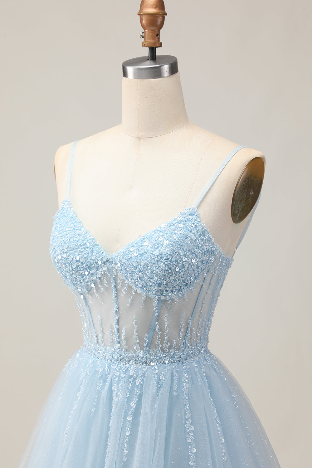 Sparkly Light Blue Tulle Corset A Line Short Homecoming Dress with Beading
