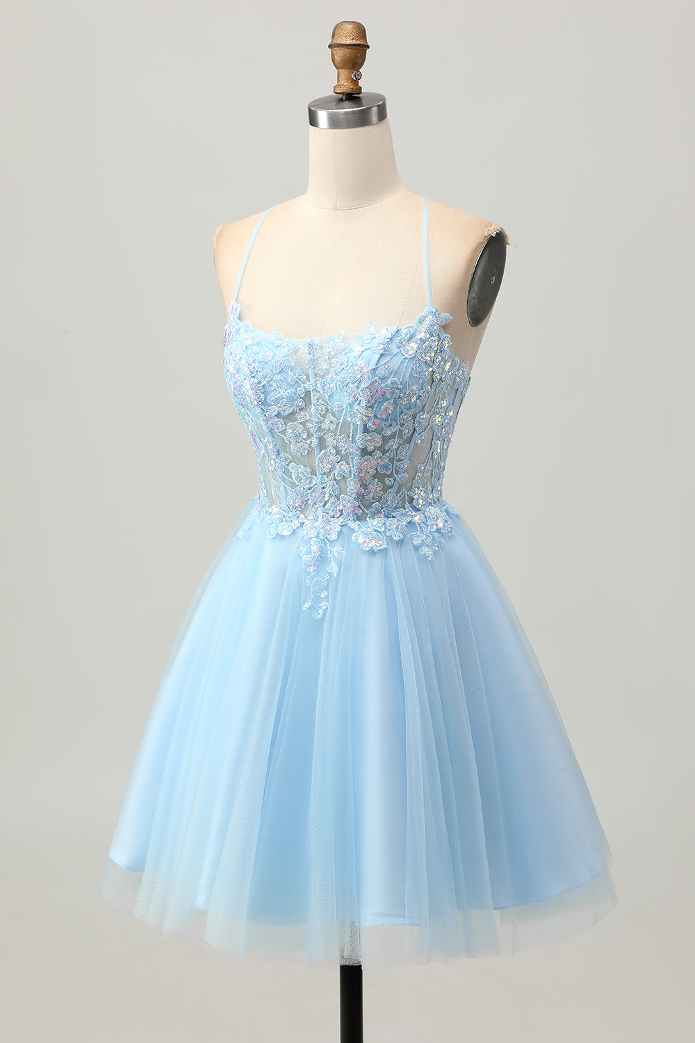 Sparkly Light Blue Tulle Corset Short Homecoming Dress with Appliques