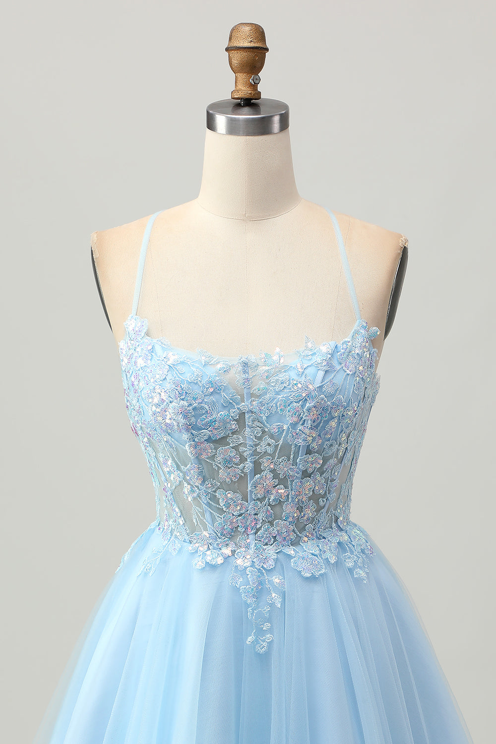 Sparkly Light Blue Tulle Corset Short Homecoming Dress with Appliques