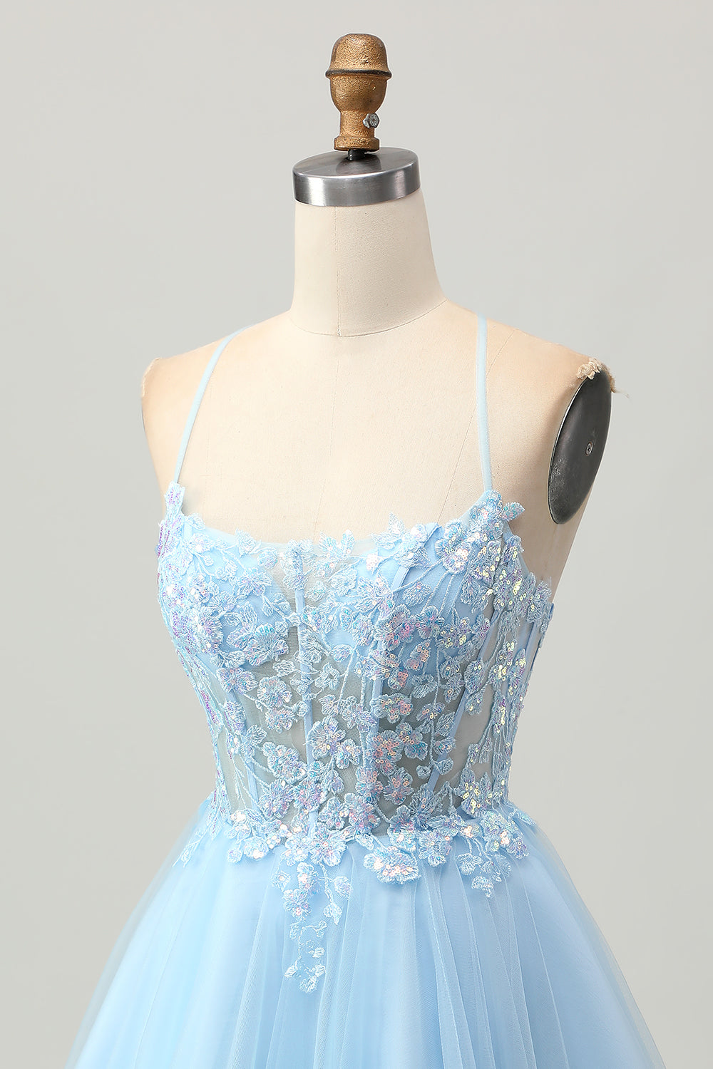 Sparkly Light Blue Tulle Corset Short Homecoming Dress with Appliques