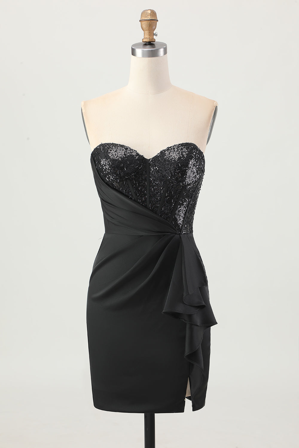 Black Strapless Corset Bodycon Beaded Homecoming Dress with Slit