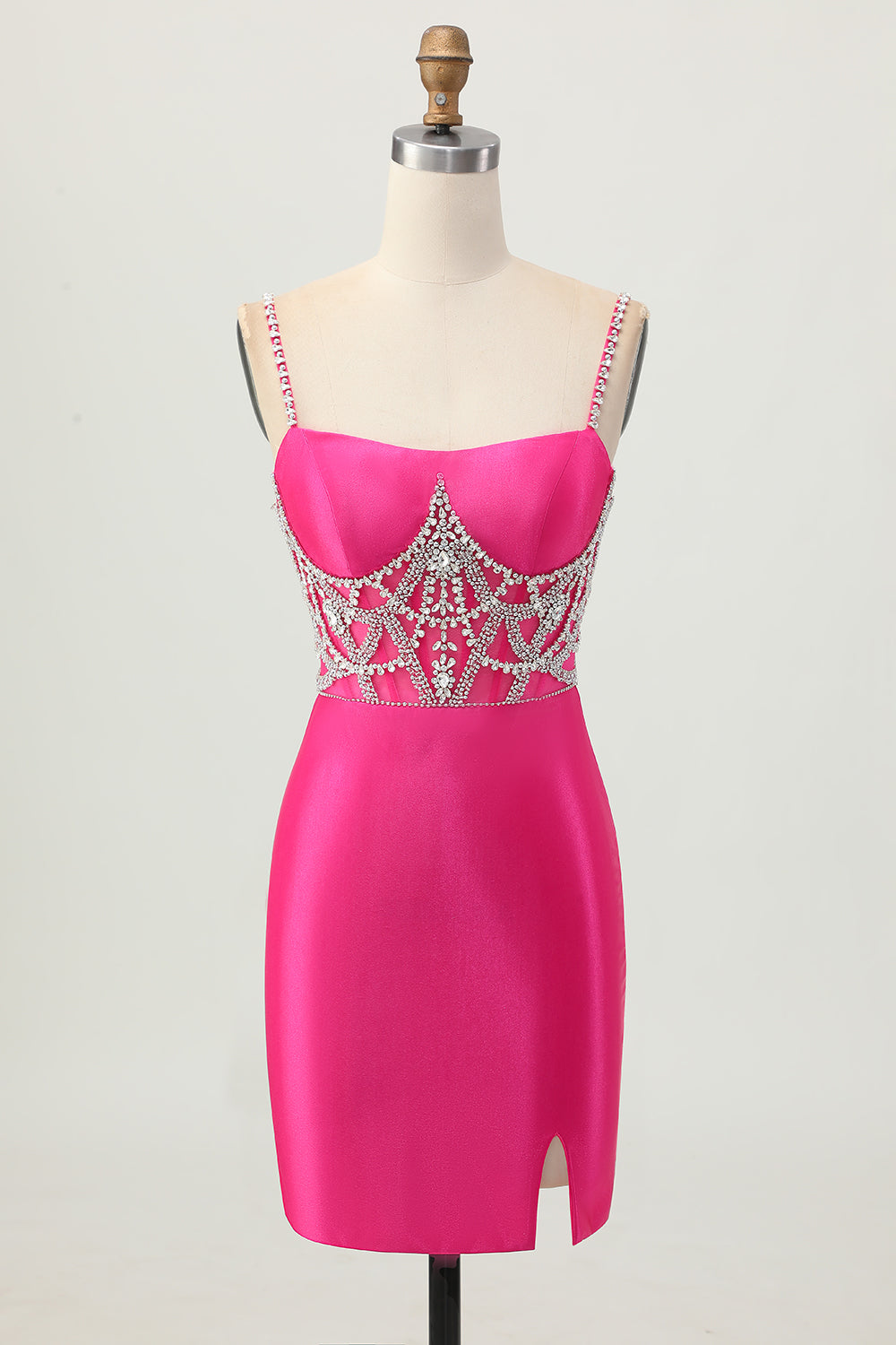 Fuchsia Bodycon Spaghetti Straps Satin Homecoming Dress with Slit