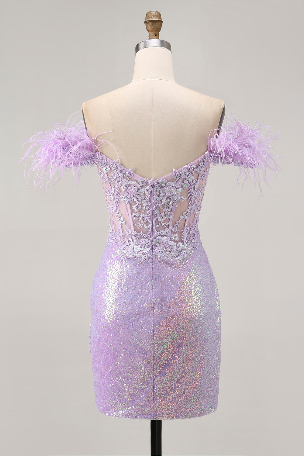 Sparkly Lilac Floral Sequins Tight Short Corset Homecoming Dress with Feathers