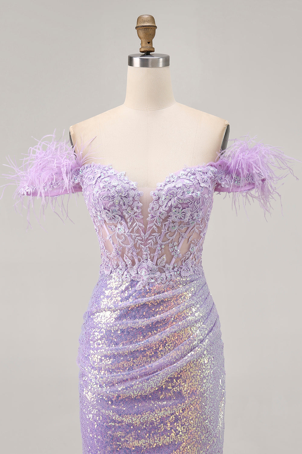 Sparkly Lilac Floral Sequins Tight Short Corset Homecoming Dress with Feathers