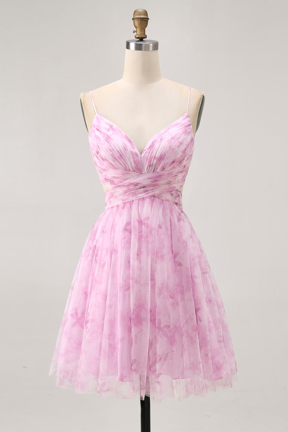 Pink Floral Ruched Lace-Up Back Short Homecoming Dress