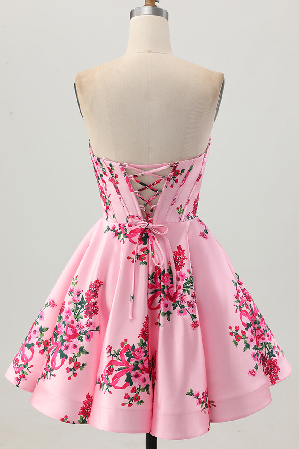 Pink Corset Floral Sweetheart Short Satin Homecoming Dress