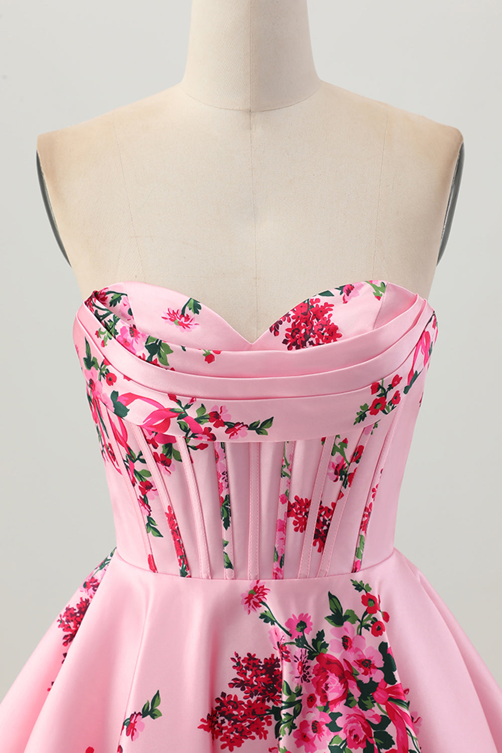Pink Corset Floral Sweetheart Short Satin Homecoming Dress
