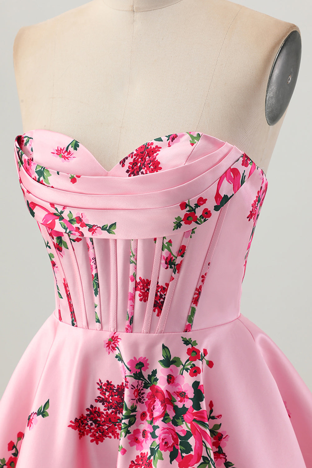Pink Corset Floral Sweetheart Short Satin Homecoming Dress
