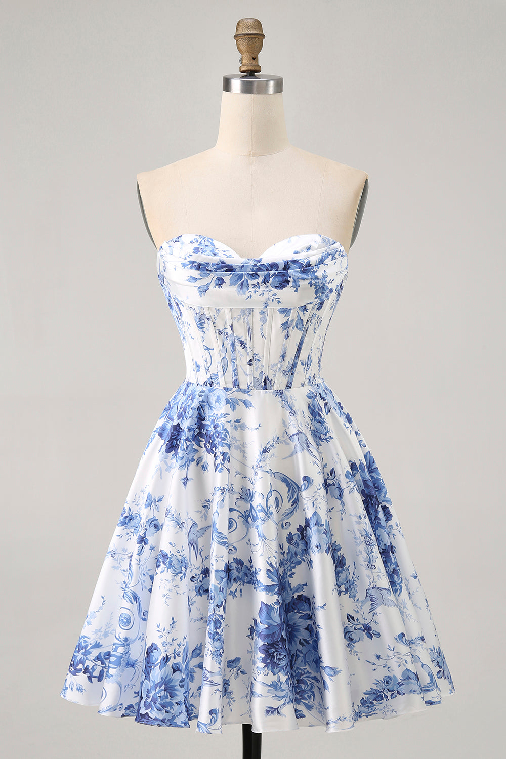 White Blue Corset Flower A Line Short Homecoming Dress