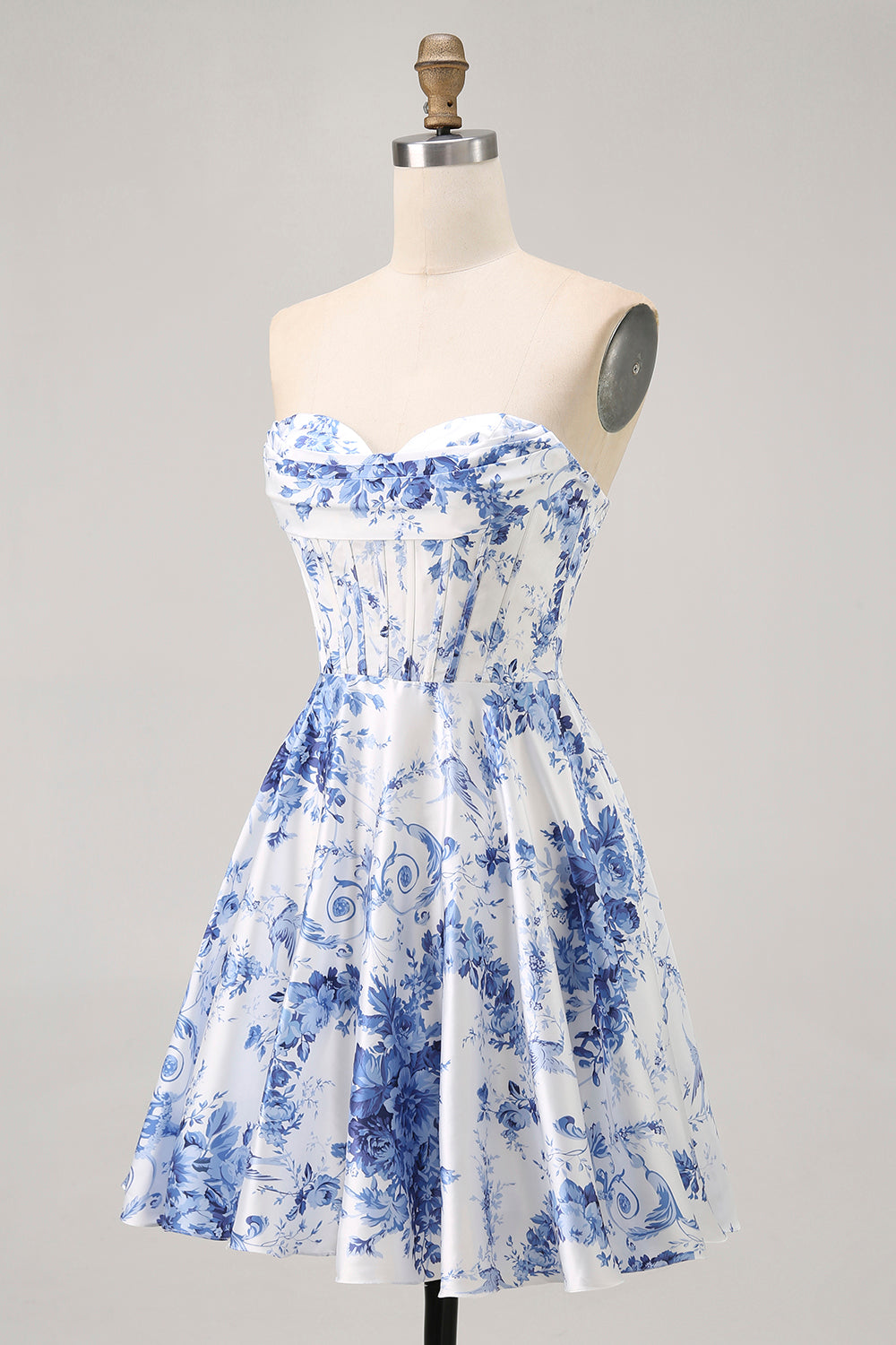 White Blue Corset Flower A Line Short Homecoming Dress