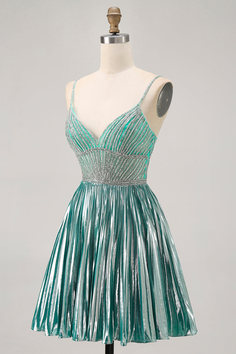 Sparkly Green Metallic A Line Short Homecoming Dress with Beading