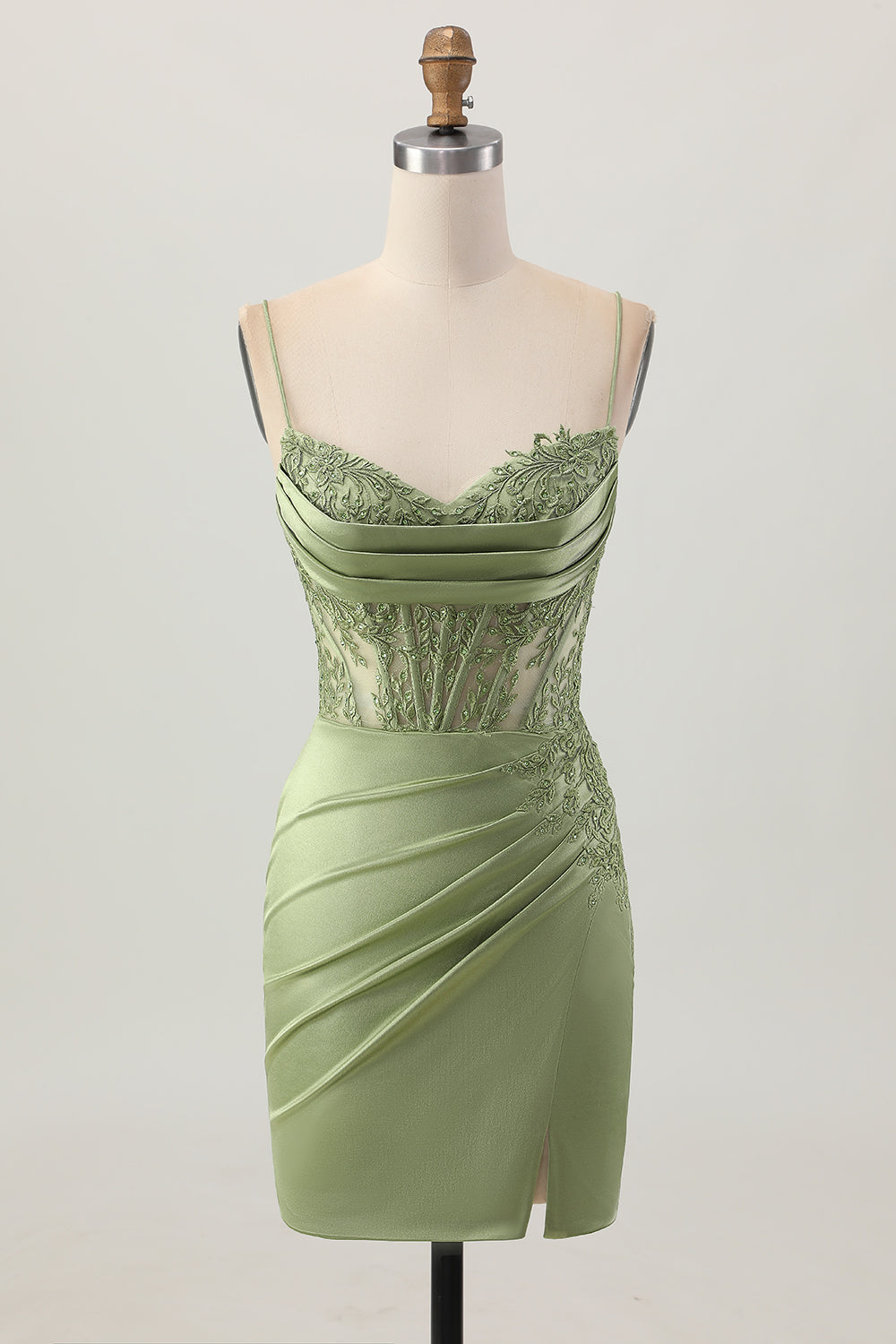 Sage Green Satin Corset Spaghetti Straps Short Homecoming Dress with Lace