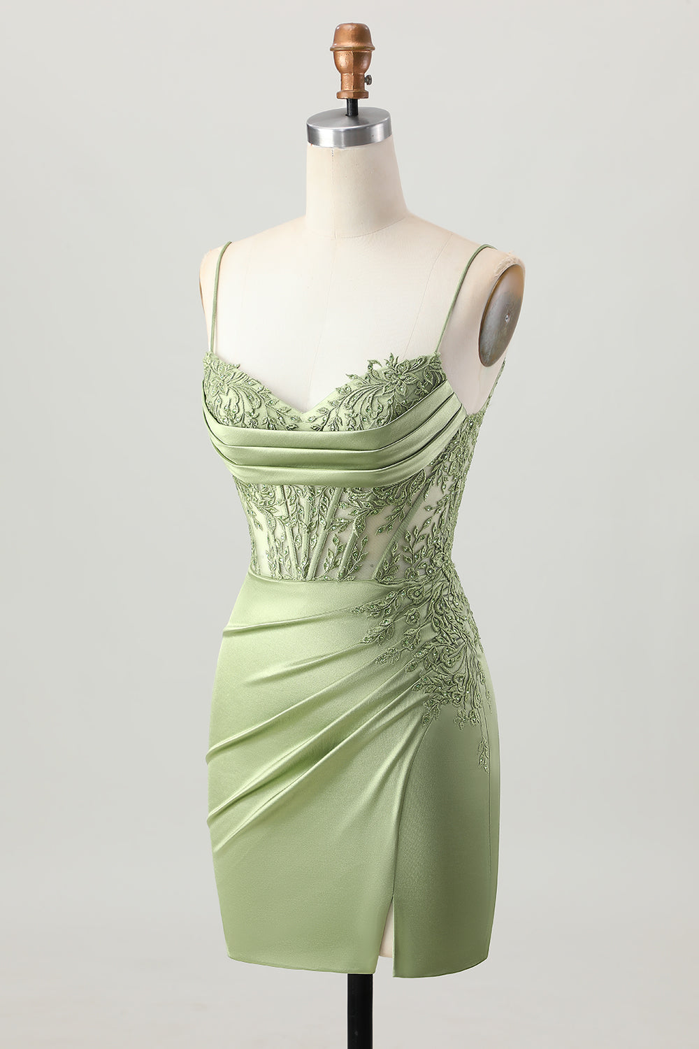 Sage Green Corset Satin Tight Short Homecoming Dress with Lace