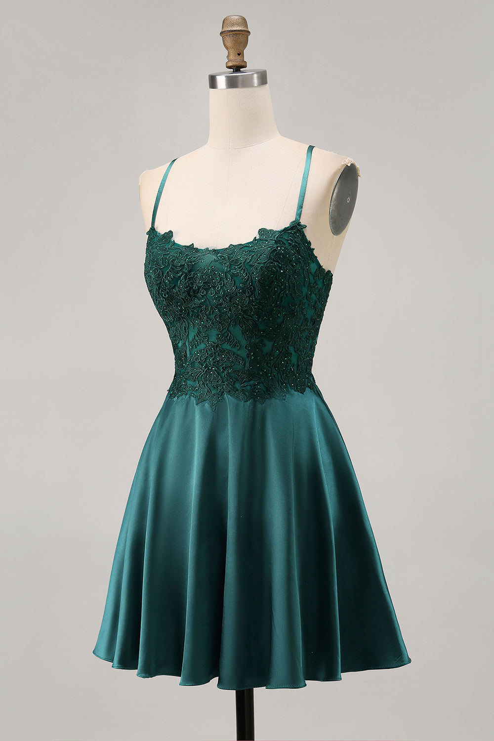 Sparkly Dark Green Appliqued Satin Short Corset Homecoming Dress