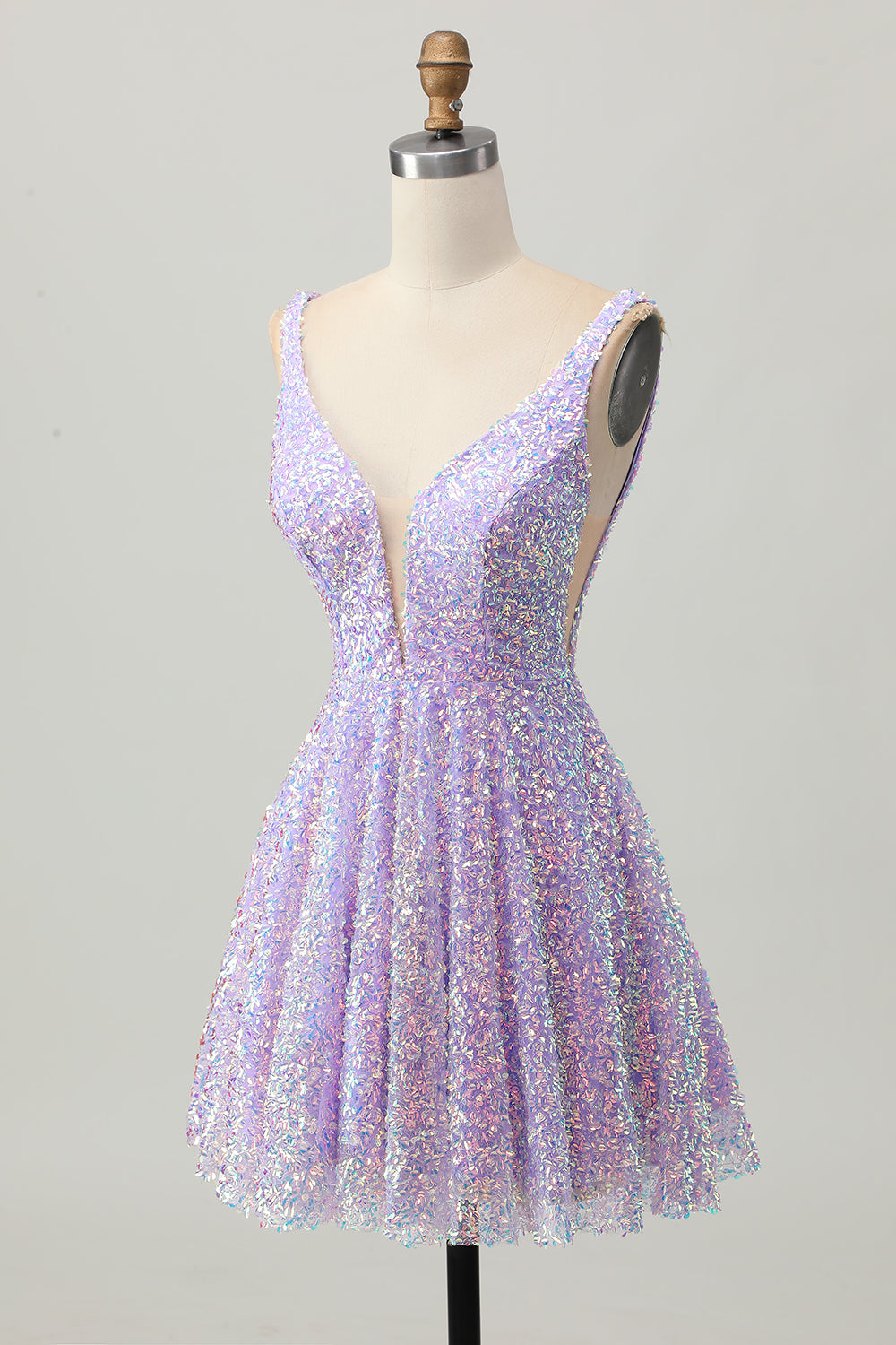 Sparkly Lilac Sequin V-Neck Short Homecoming Dress