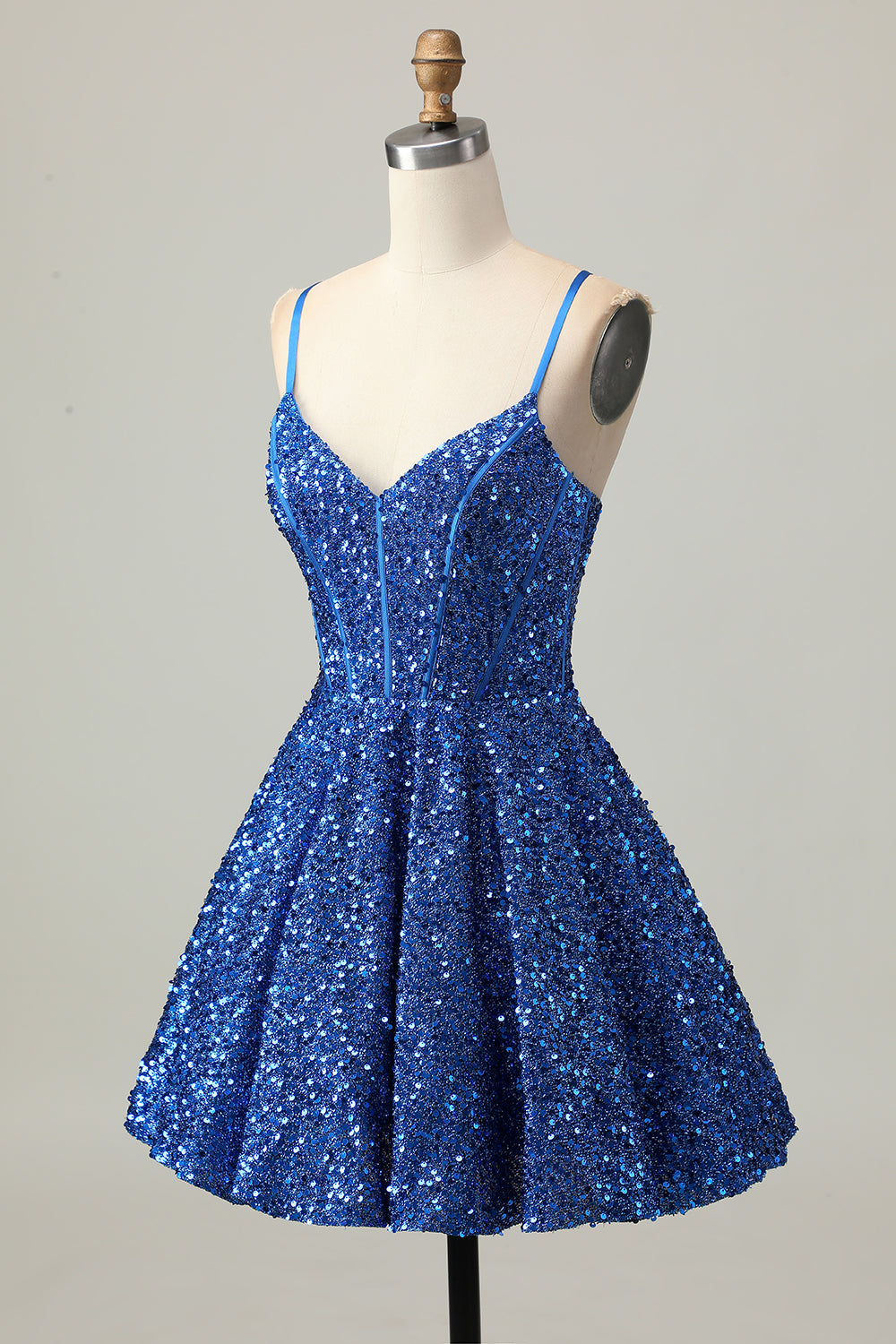Sparkly Dark Blue Corset Sequin A Line Short Homecoming Dress