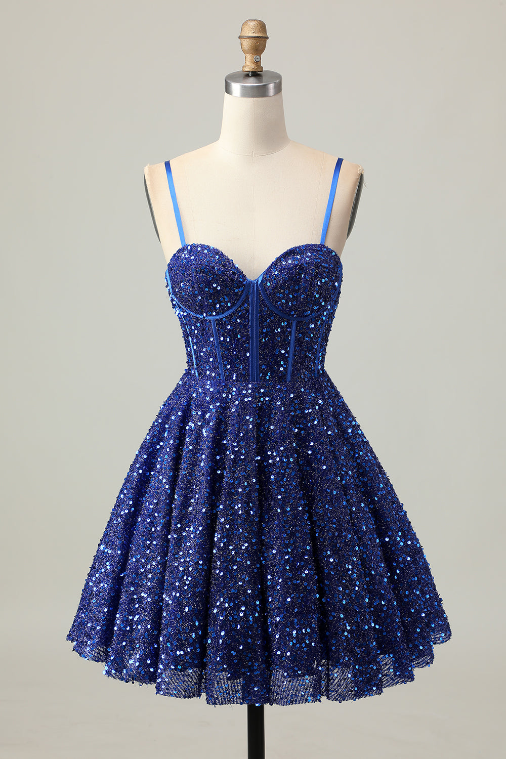 Sparkly Dark Blue Sequin Corset A Line Short Homecoming Dress
