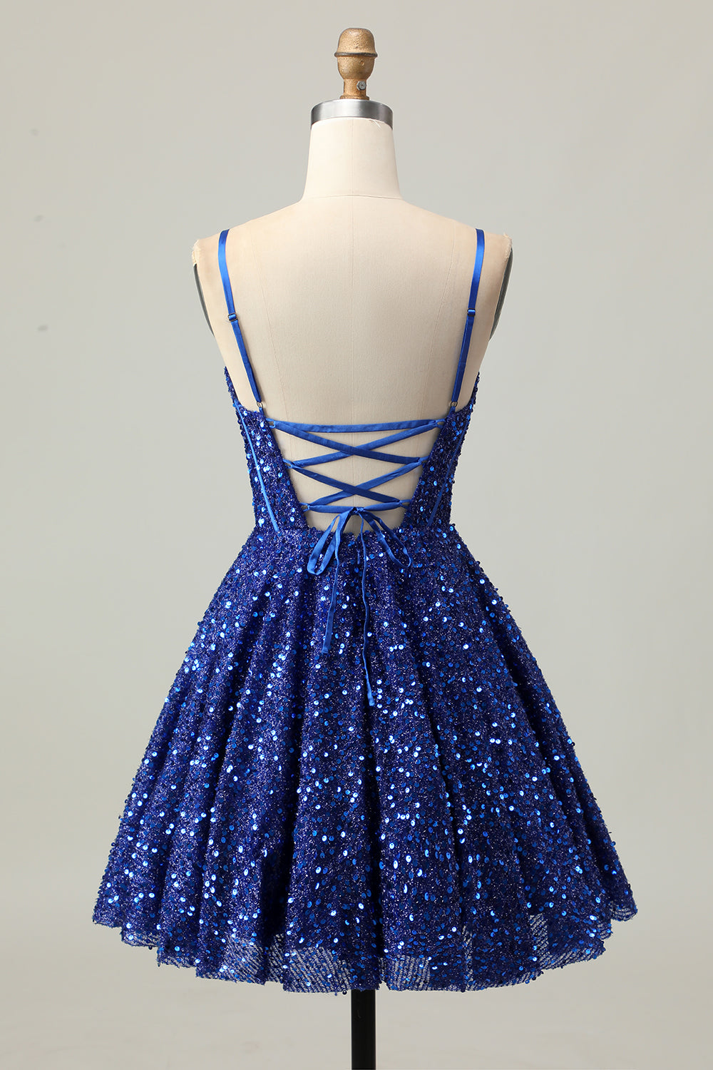 Sparkly Dark Blue Sequin Corset A Line Short Homecoming Dress
