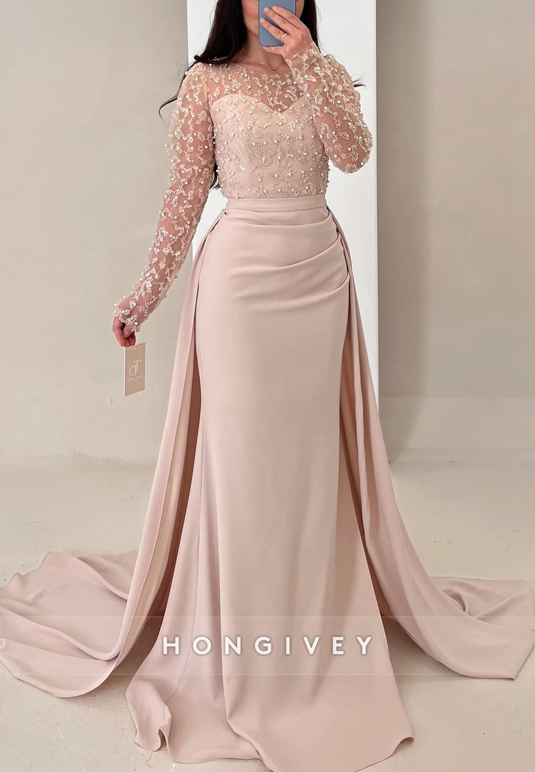 Trumpet Detachable Illusion Neck Evening Gown Satin Long Sleeve Formal Dresses