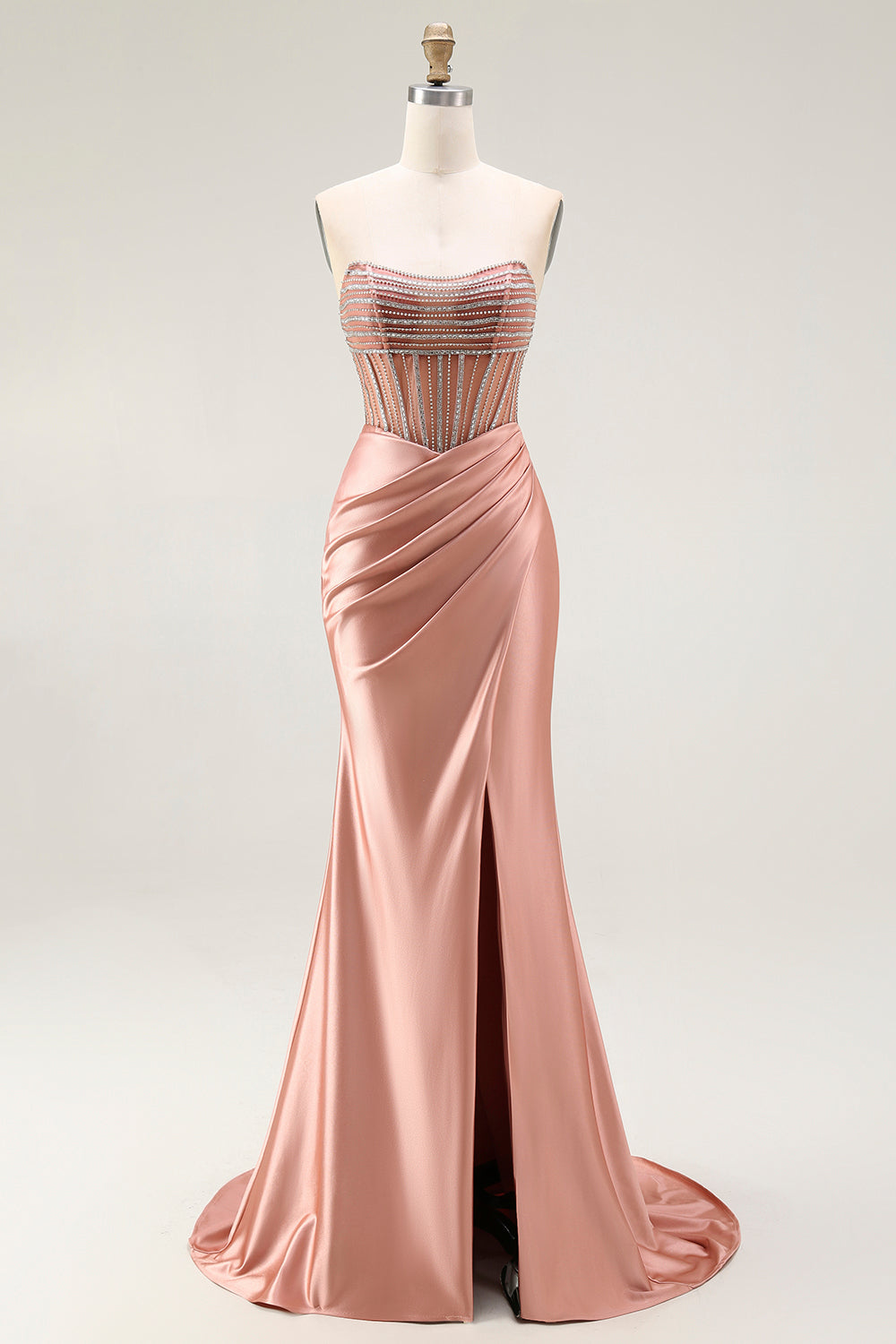 Mermaid Corset Beaded Strapless Blush Long Prom Dress With Slit