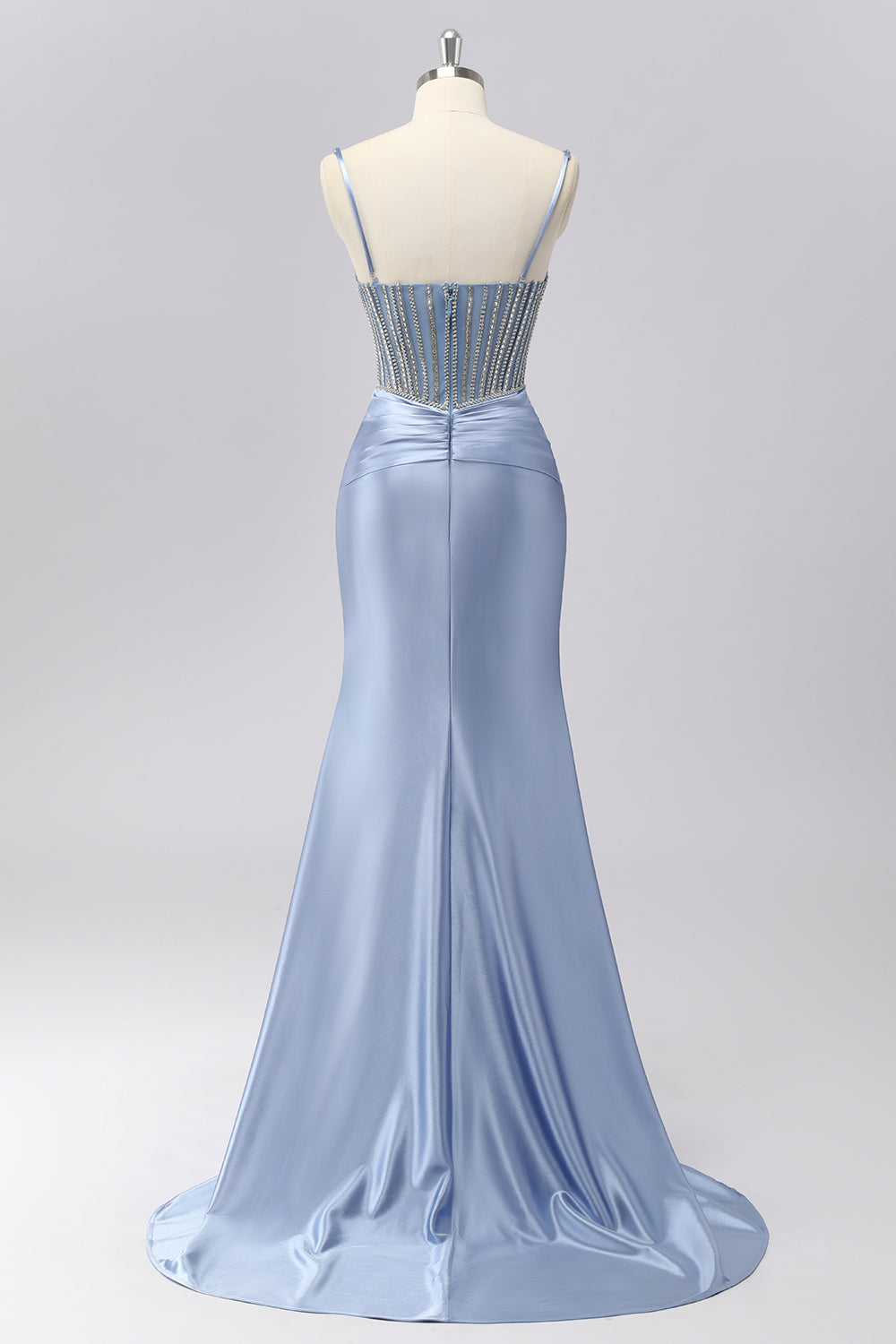Sparkly Grey Blue Spaghetti Straps Mermaid Satin Prom Dress with Rhinestones