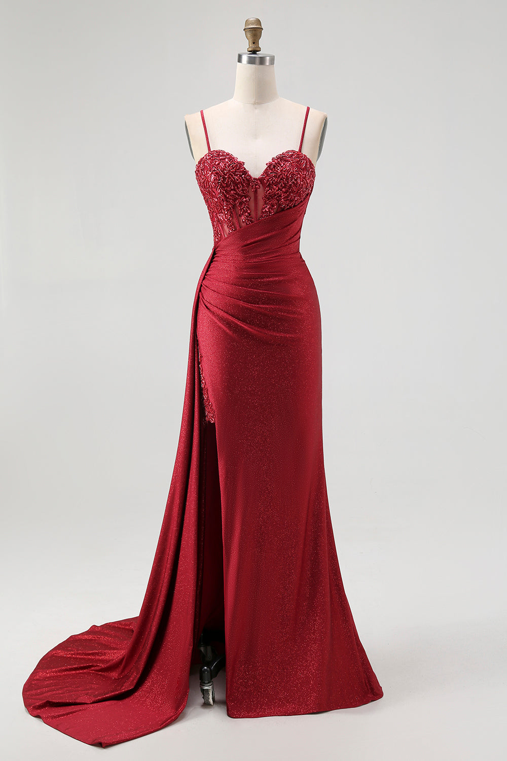Burgundy Corset Mermaid Long Prom Dress with Beading
