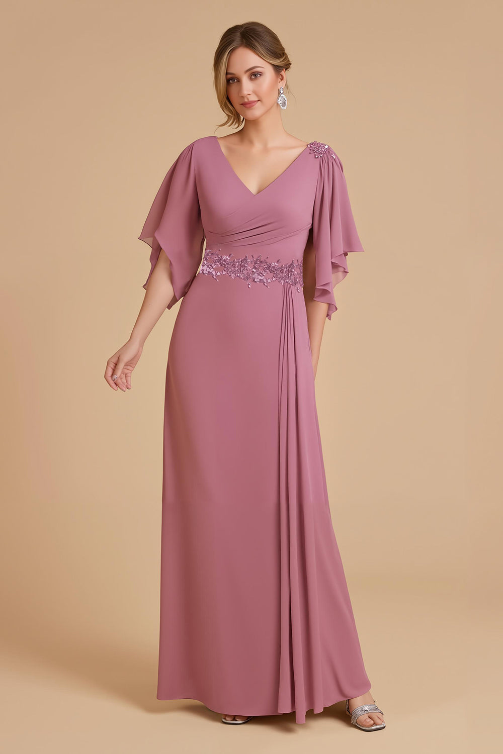 Dusty Rose Chiffon Sheath Long Wedding Guest Dress with Ruffles