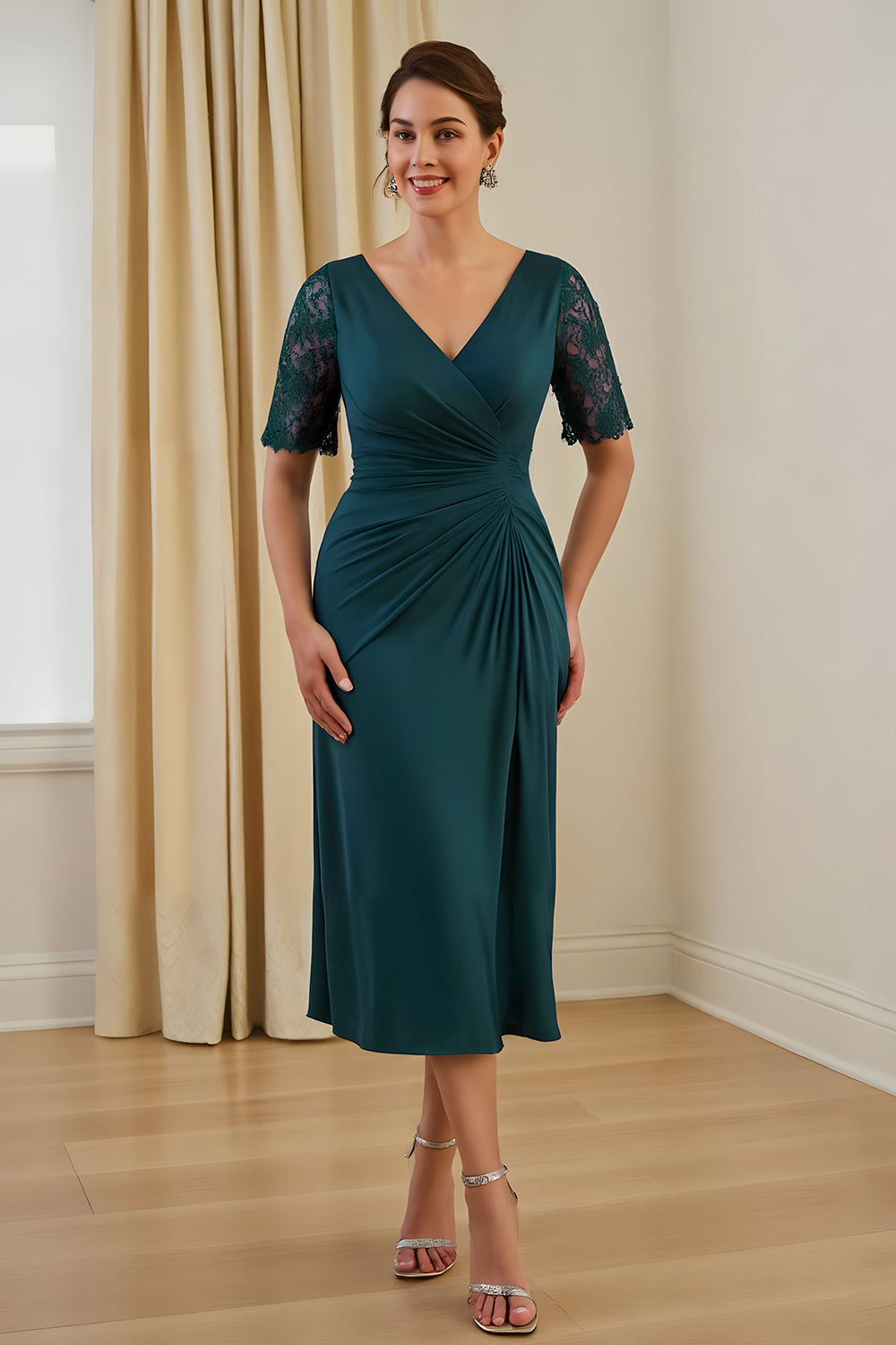Pine Ruched Sheath V-Neck Midi Wedding Guest Dress with Lace