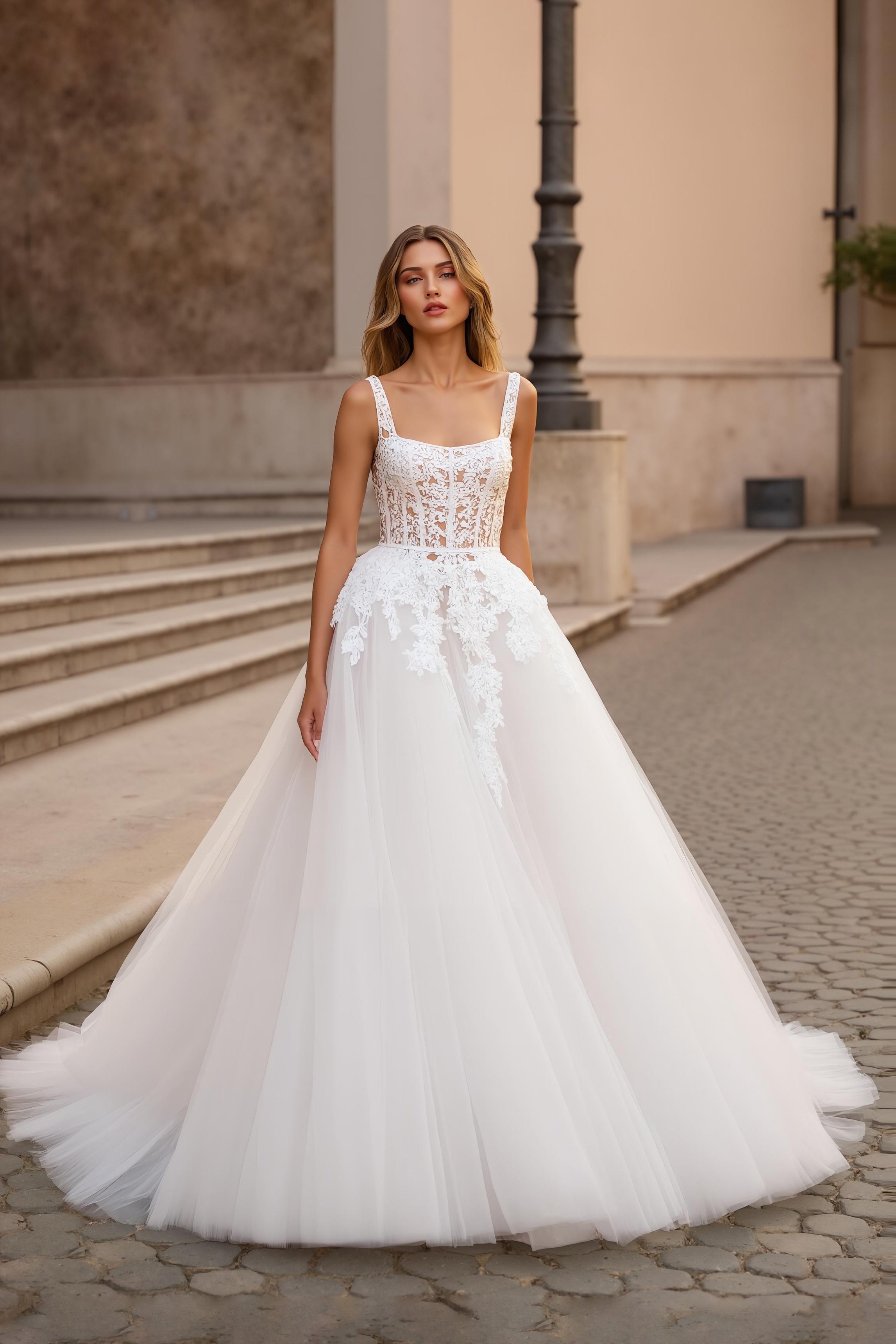 Ivory Tulle Square Neck Ball Gown Sweep Train Wedding Dress with Lace