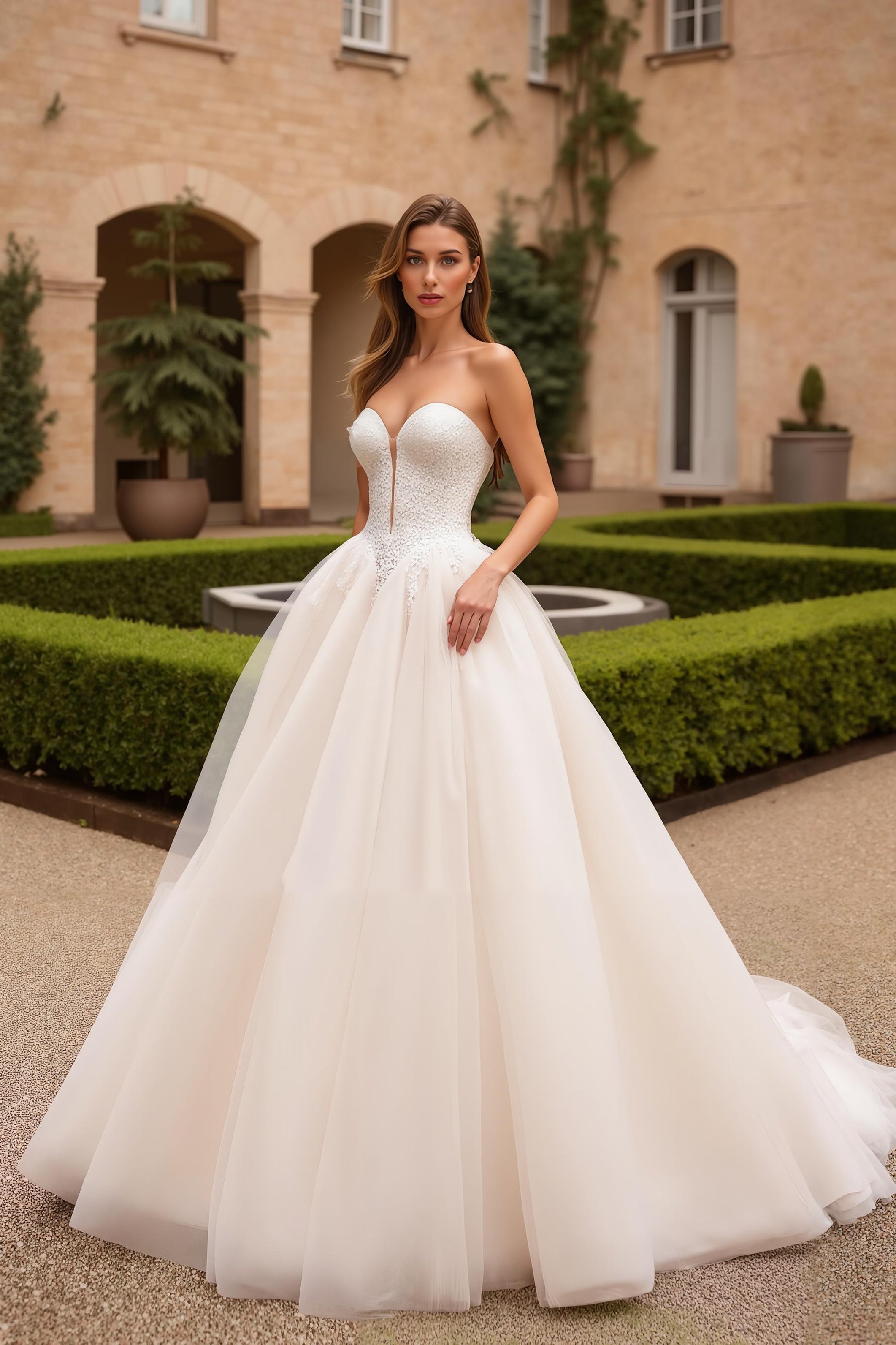 Ivory Sweetheart Ball Gown Tulle Sweep Train Wedding Dress