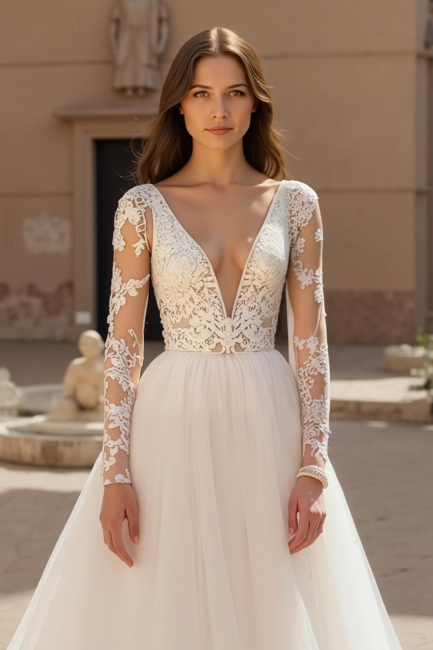 Deep V-Neck Chiffon Ivory Long Sleeves Wedding Dress with Lace