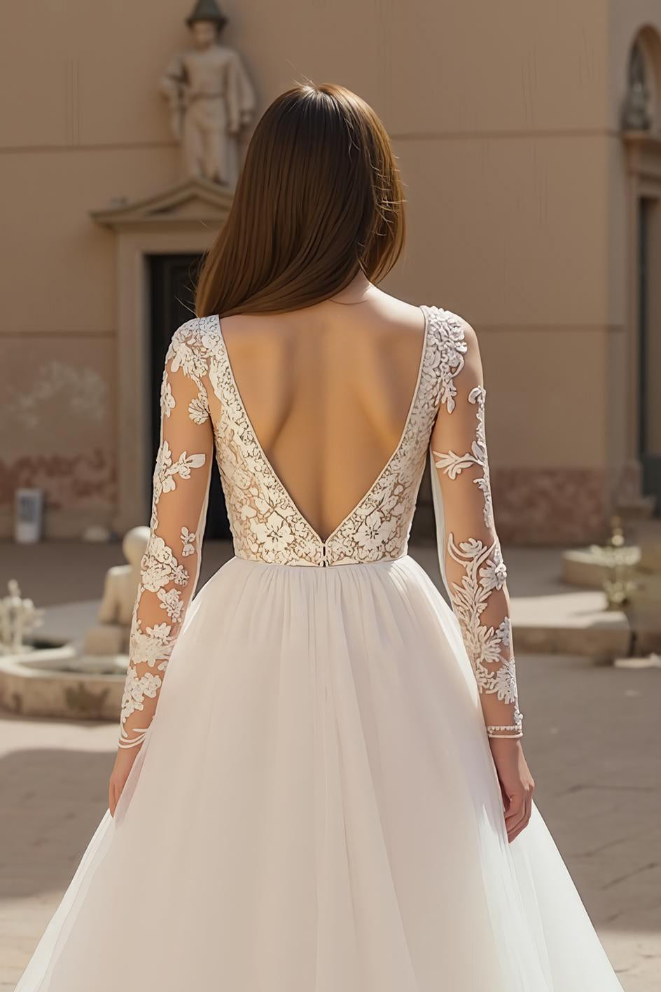 Deep V-Neck Chiffon Ivory Long Sleeves Wedding Dress with Lace