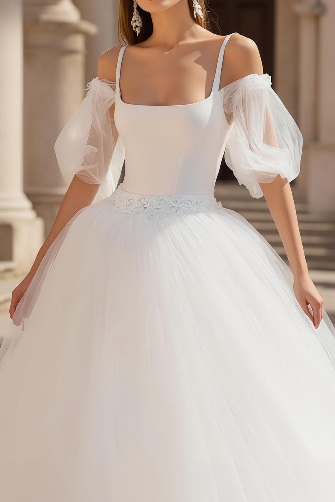 Ivory Cold Shoulder Puff Sleeves Sweep Train Wedding Dress with Lace