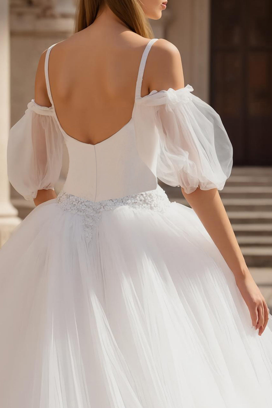 Ivory Cold Shoulder Puff Sleeves Sweep Train Wedding Dress with Lace