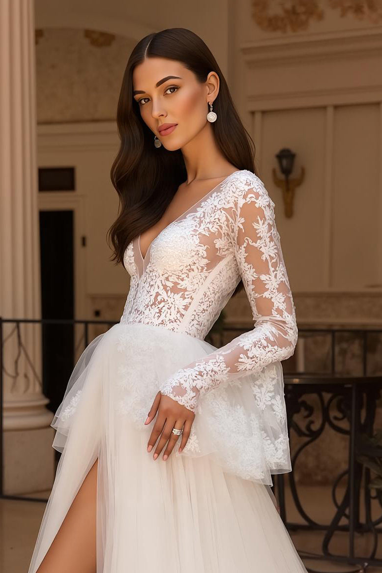 Ruffled Long Sleeves Ivory Sweep Train Wedding Dress with Slit