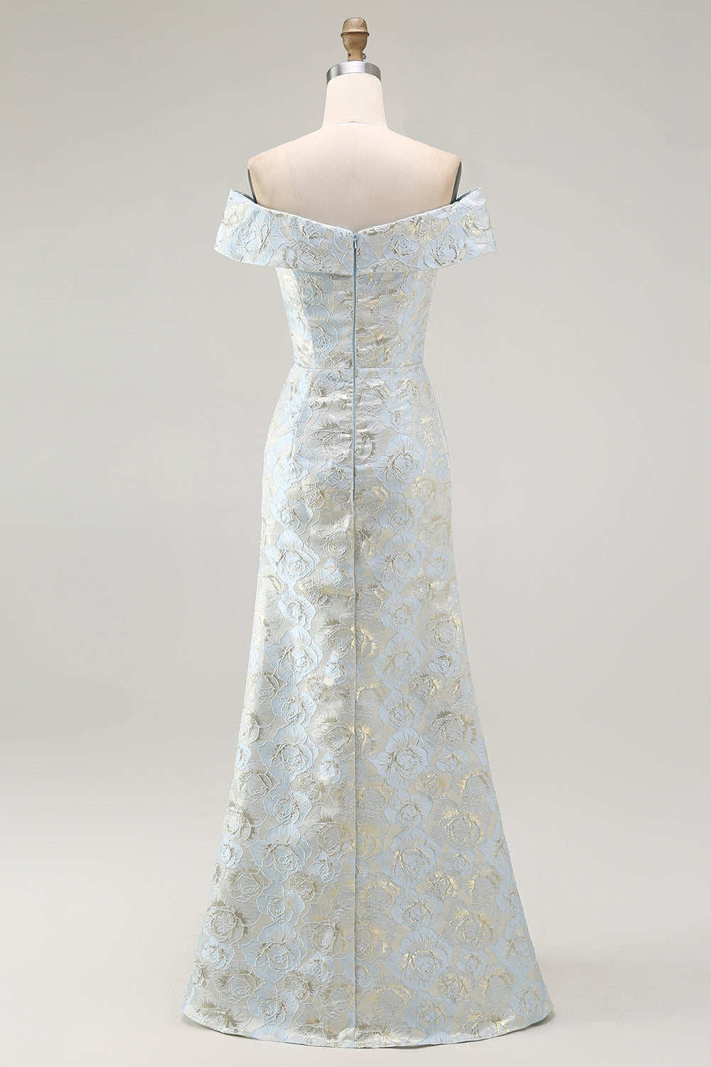 Off The Shoulder Blue Floral Jacquard Mermaid Ruched Prom Dress