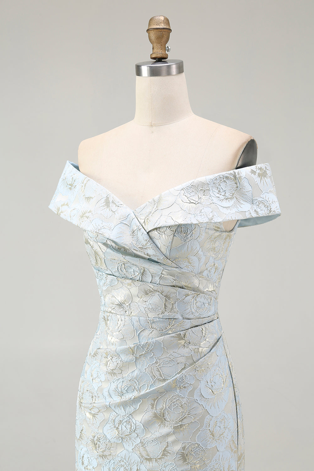 Off The Shoulder Blue Floral Jacquard Mermaid Ruched Prom Dress