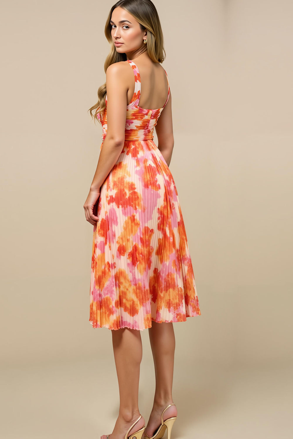 Sunset Chiffon Thick Straps Pleated Midi Wedding Guest Dress