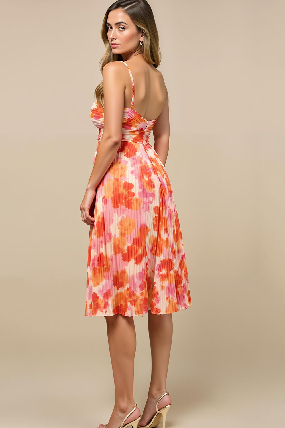 Sunset Chiffon Spaghetti Straps Midi Wedding Guest Dress with Pleats
