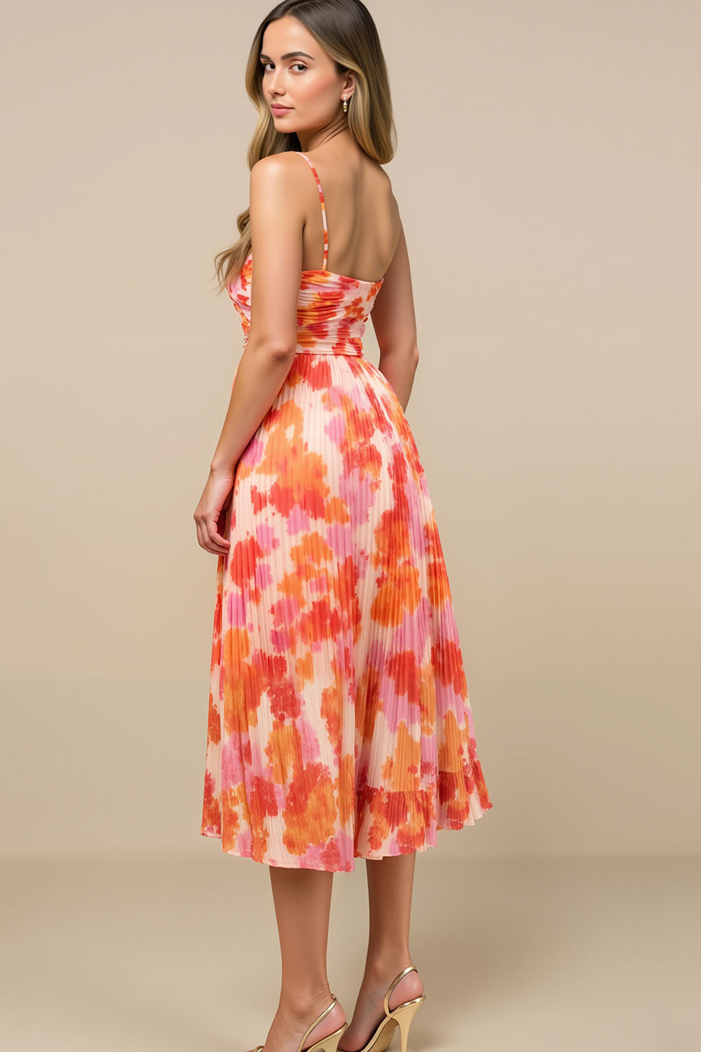 Sunset Spaghetti Straps Midi Chiffon Wedding Guest Dress with Pleats