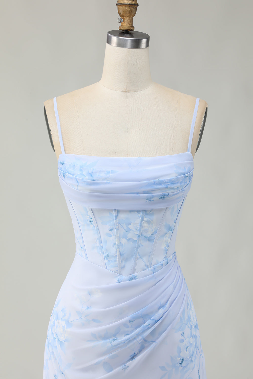 Light Blue Floral Tight Ruched Short Corset Homecoming Dress
